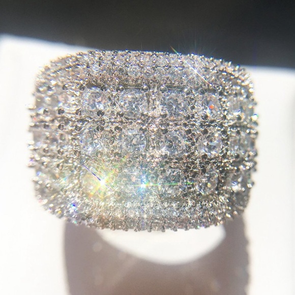*NE💍 Silver Round Diamond Pave Wide Band Ring - Picture 3 of 7